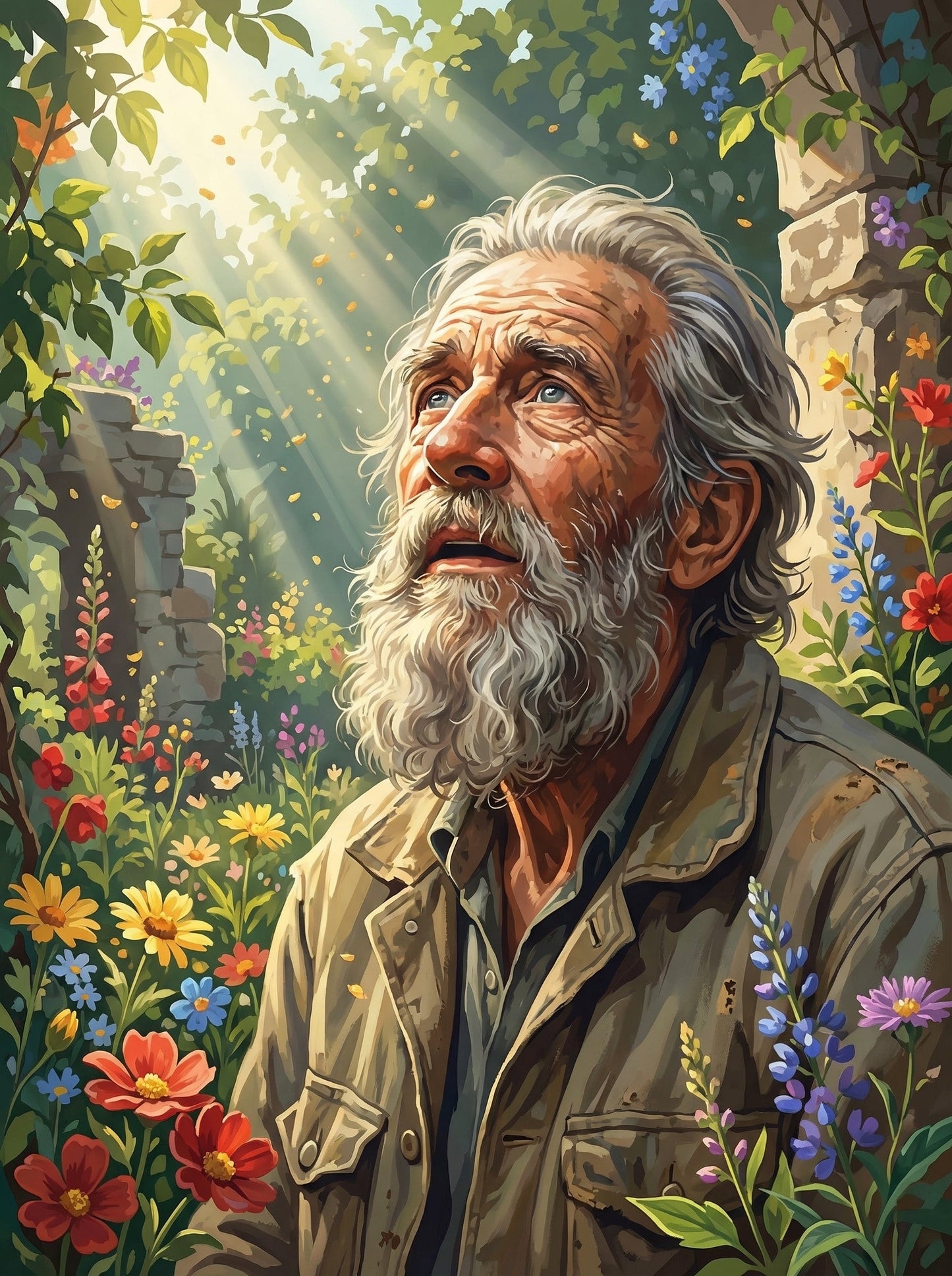 Contemplative Man Among Flowers (80 Colors)