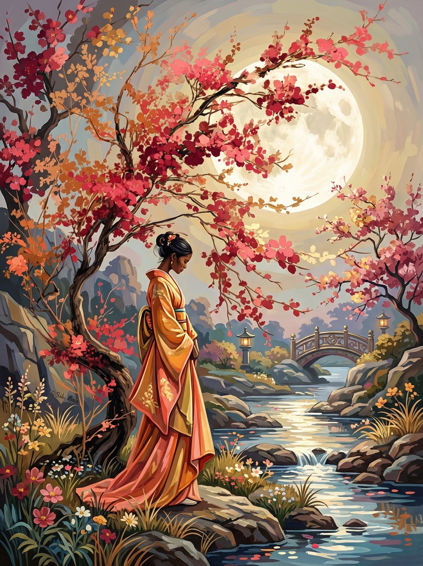 Woman Moonlit Cherry Blossoms (80 Colors)