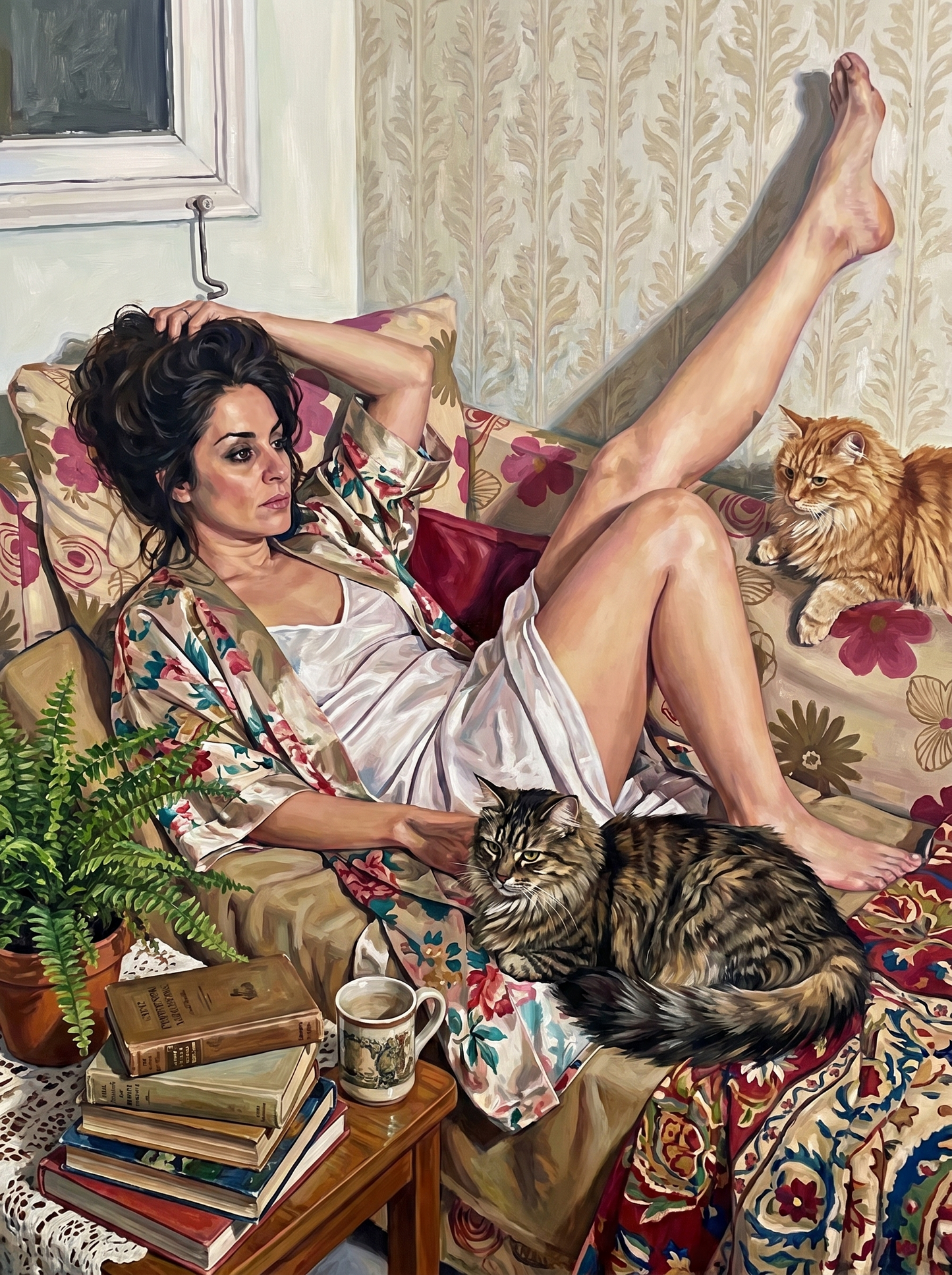 Woman Reclining With Cats (80 Colors)