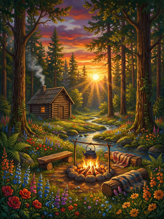 Sunset Forest Cabin Campfire (120 Colors)