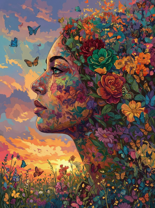 Blooming Flowers Butterflies Woman (120 Colors)