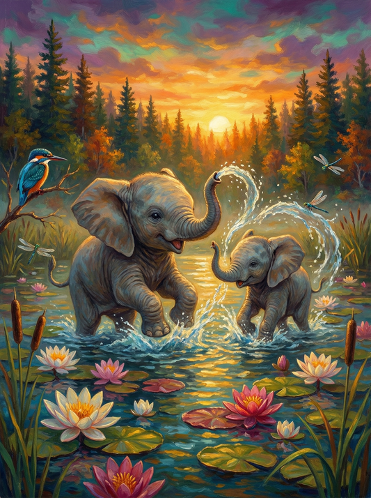 Sunset Pond Baby Elephants (80 Colors)