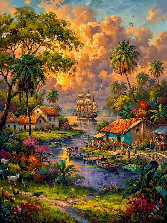 Tropical Sunset Village Ship (80 Colors)