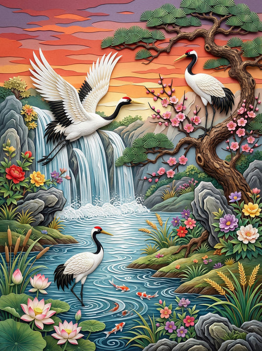 Cranes And Waterfall (80 Colors)