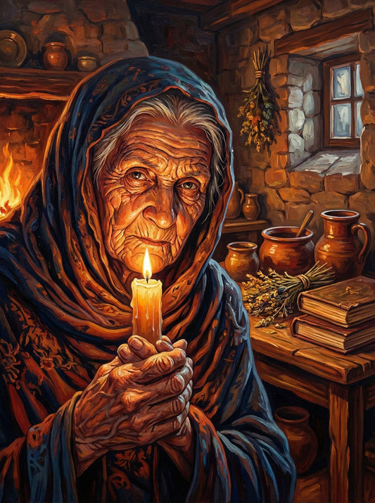 Elderly Woman Cottage Candlelight (80 Colors)