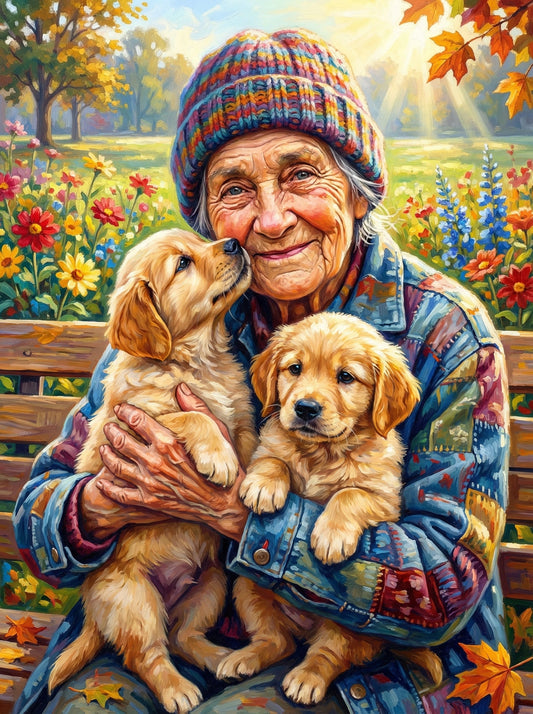 Elderly Woman Holding Golden Retrievers (120 Colors)
