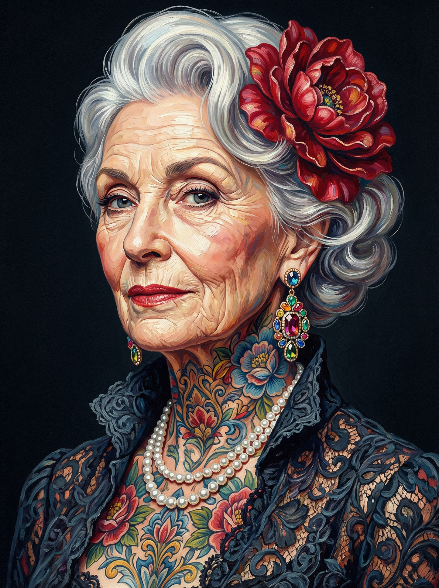 Floral Tattooed Elder Woman (80 Colors)