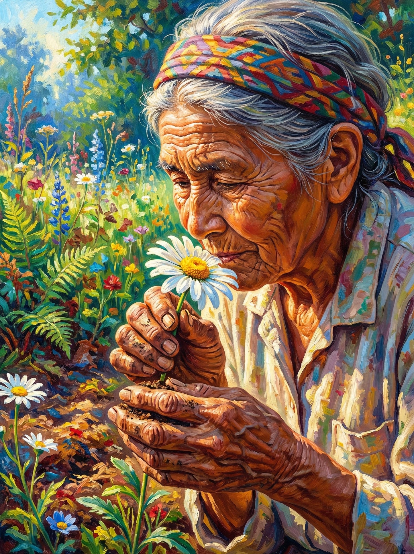 Grandmother Holding White Flower (120 Colors)