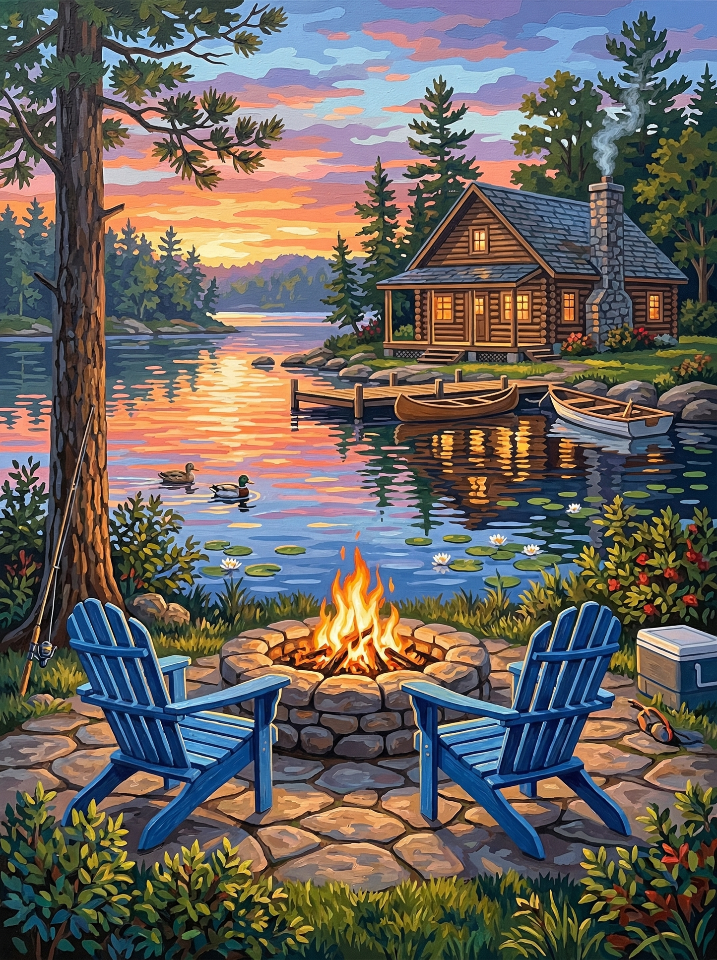 Lakeside Cabin Fireplace Sunset (80 Colors)