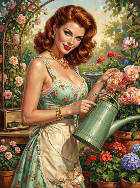 Vintage Woman Watering Garden (80 Colors)