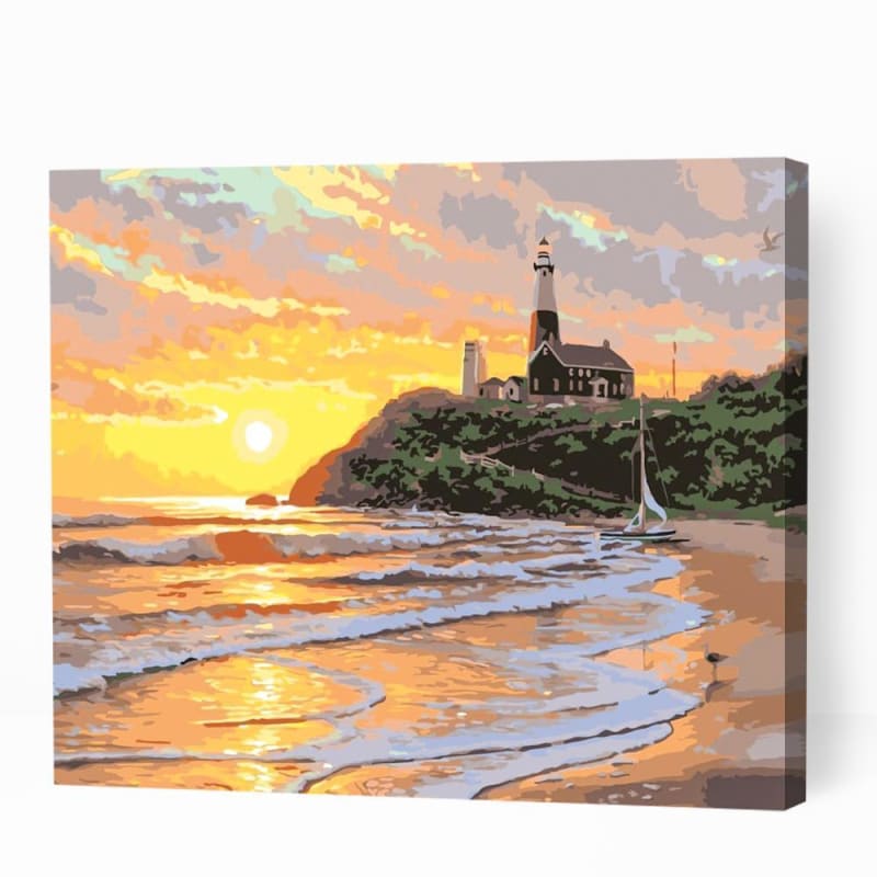 Lighthouse at Beach Sunset - Paint By Numbers Cities