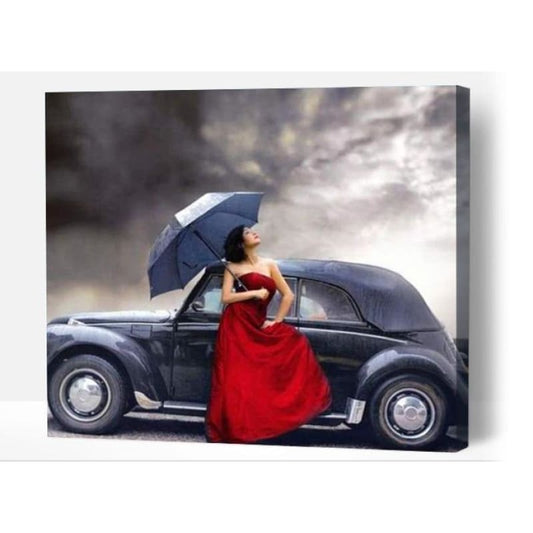 Old Fashion Car & Lady In Red - Paint By Numbers Cities