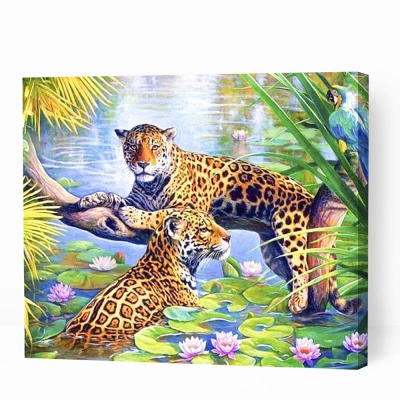 Parrot and Leopards in the Lake - Paint By Numbers Cities